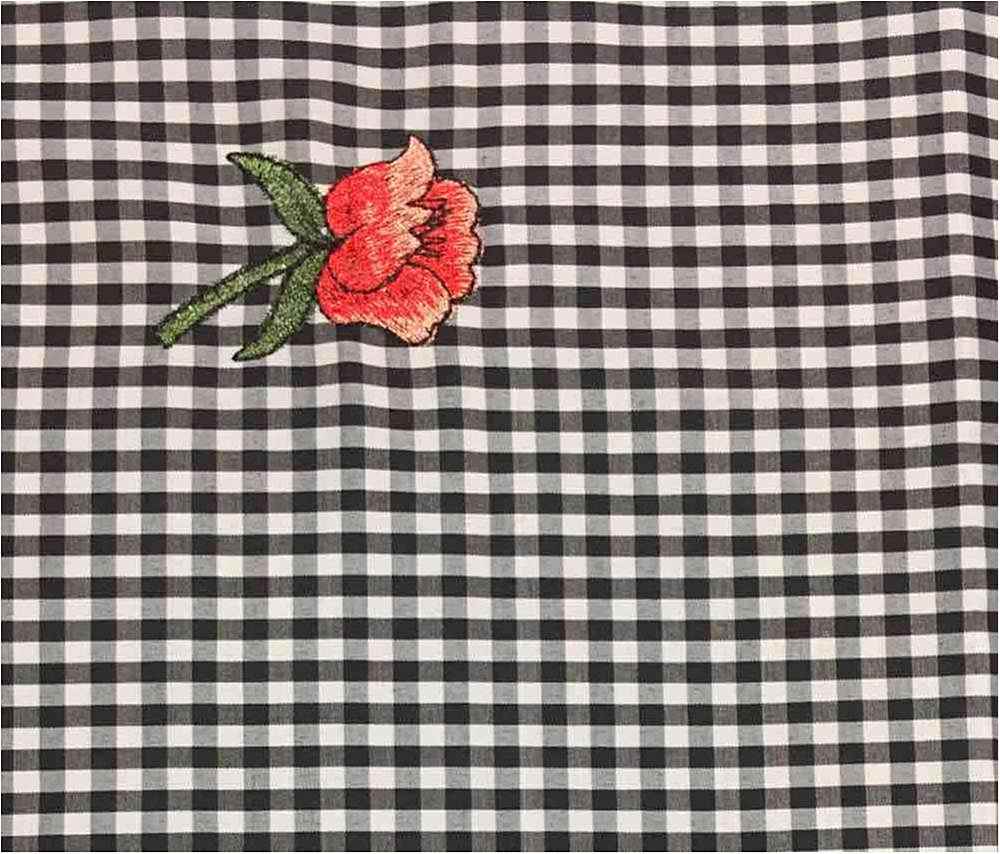 EMB-325 / BLACK / Rose Embroidery On Poly Poplin Gignham
